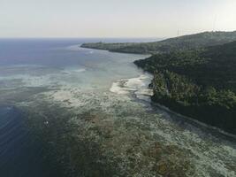 aéreo ver de poli playa en karimunjawa islas, jepara, Indonesia. remoto isla, coral arrecifes, blanco arena playas foto