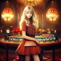Beautiful real rich Girls Casino chips royale table photo