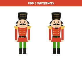 Find three differences between two pictures of cartoon nutcracker. Game for kids. vector