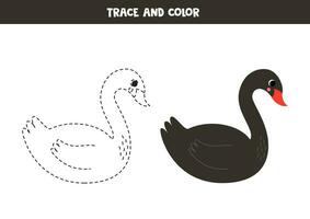 Trace and color cartoon black swan. Worksheet for children. vector