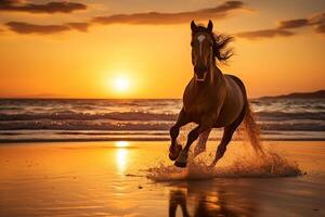 dinámica imagen de un caballo Galopando a través de un arenoso playa en contra un maravilloso puesta de sol ai generativo foto