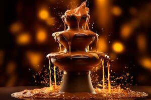 Chocolate Fountain Gushing Against Illuminated Backdrop with Left Copyspace AI Generative photo