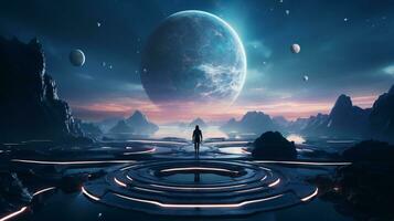 Imaginative depiction of an advanced alien civilization on a distant planet with floating structures and neon pathways AI Generative photo