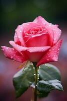 Stunning macro shot of a dew-kissed rose in full bloom with dreamy blurred background and copy space AI Generative photo
