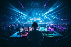 Neon Lit eSports Arena Showcasing Modern Gaming Battles and Cheering Crowd AI Generative photo