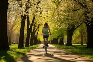 Carefree woman enjoys a bike ride through a lush green park embracing spring vitality AI Generative photo