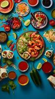 Overhead snapshot of international cuisine sushi pasta and tacos on a colorful tablecloth AI Generative photo