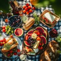 aéreo ver de un verano picnic exhibiendo al aire libre comida en un a cuadros cobija ai generativo foto