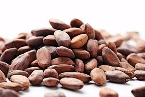 Ethereal Close-up of Cocoa Beans Against Crisp White Background with Left Copyspace AI Generative photo