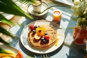 Overhead view of communal breakfast scene, highlighting shared meals in morning sunlight AI Generative photo