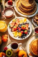 Overhead view of communal breakfast scene, highlighting shared meals in morning sunlight photo