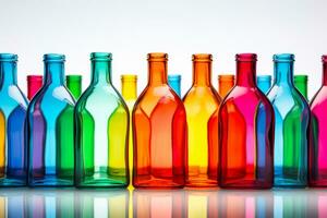 Spectrum of creativity - Vibrant glass bottles on a white backdrop with ample space for text AI Generative photo