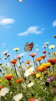 Group of butterflies fluttering over a meadow of wildflowers under a cloudless blue sky AI Generative photo