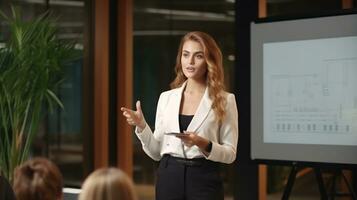 Young professional woman making a presentation on a large screen with ample bottom copyspace AI Generative photo