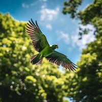 Dense, emerald-green jungle scene with a vibrant parrot flying amidst the foliage AI Generative photo