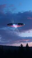 Mysterious UFO sighting in the twilight sky emitting an iridescent glow and mesmerizing light patterns AI Generative photo