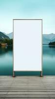 Blank billboard dramatically positioned at the end of a pier overlooking a tranquil lake AI Generative photo