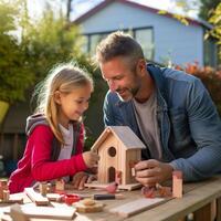 Father-daughter bonding time over a creative DIY birdhouse project in the backyard AI Generative photo