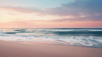 Tranquil beach scene at twilight with soft sunset colors blending into sky for ample copy space photo