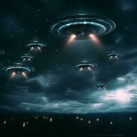 dramático representación de un OVNI flota en el noche cielo señalización un posible extraterrestre encuentro ai generativo foto