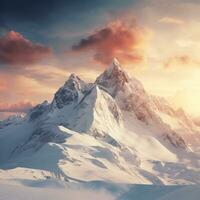 Untouched snowy mountain landscape under the soft glow of a setting sun AI Generative photo