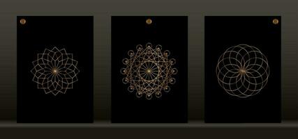 Sacred geometry, set graphic element Vector isolated on black background. Gold Symbols of alchemy esoteric, Flower of Life. Golden Mystic icon platonic solids, geometric drawing, typical crop circles