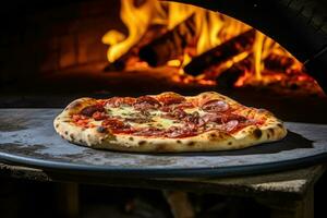 Pizza es Cocinando en tradicional madera ardiente horno. generativo ai foto