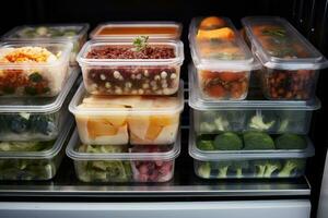 contenedores con preparado alimento. abastecimiento para sano comiendo. generativo ai foto