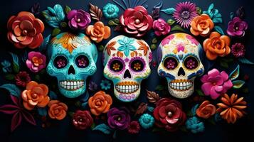 Skulls with floral decorations. Composition for Day of Dead. Generative AI photo