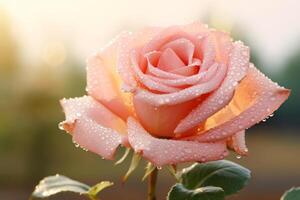 Stunning macro shot of a dew-kissed rose in full bloom with dreamy blurred background and copy space AI Generative photo