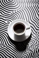 Aerial View of Steaming Coffee Cup on Geometrically Patterned Surface with Ample Copy Space photo