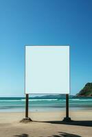 Striking image of a blank billboard frame on a desolate beach, endless advertising possibilities AI Generative photo