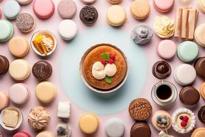 Global dessert medley a captivating flat-lay of tiramisu macarons and baklava photo