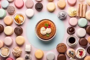 Global dessert medley a captivating flat-lay of tiramisu macarons and baklava AI Generative photo