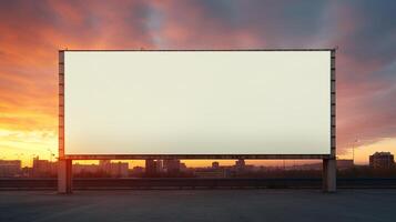 Vibrant sunset forming a fiery backdrop for a blank billboard frame, perfect for bold advertising AI Generative photo