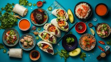 Overhead snapshot of international cuisine sushi pasta and tacos on a colorful tablecloth AI Generative photo