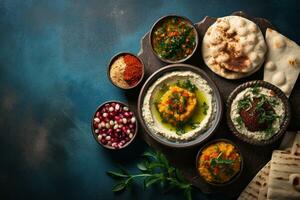 Overhead glimpse of a Mediterranean feast hummus pita bread and falafel near a tea pot AI Generative photo