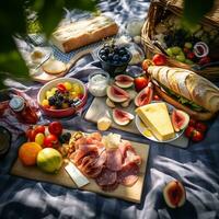 aéreo ver de un verano picnic exhibiendo al aire libre comida en un a cuadros cobija ai generativo foto