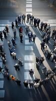 Bird's eye view of business professionals forming a circle in a city intersection photo