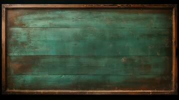 Empty green chalkboard background with wooden frame. Dirty erased chalk texture on blank blackboard with copyspace and wood border. Restaurant menu or back to school education concept. Generative AI photo