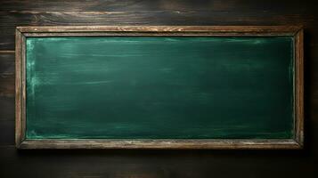 Empty green chalkboard background with wooden frame. Dirty erased chalk texture on blank blackboard with copyspace and wood border. Restaurant menu or back to school education concept. Generative AI photo