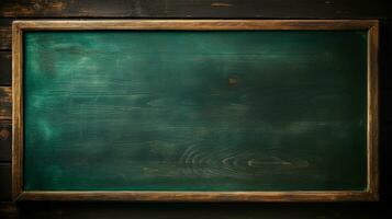 Empty green chalkboard background with wooden frame. Dirty erased chalk texture on blank blackboard with copyspace and wood border. Restaurant menu or back to school education concept. Generative AI photo