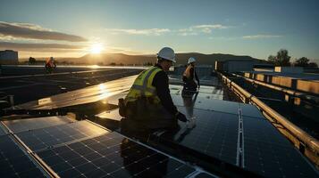 Technician installing solar panels on a roof, setting up photovoltaic solar panel system, sustainable energy home concept. Generative AI photo