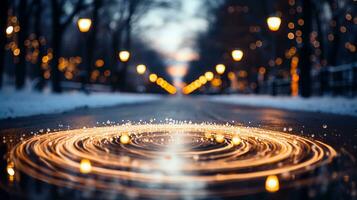 Blurred lights background with snow. Glitter confetti bokeh background. Generative AI photo