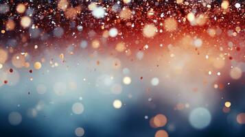 Blurred lights background with snow. Glitter confetti bokeh background. Generative AI photo