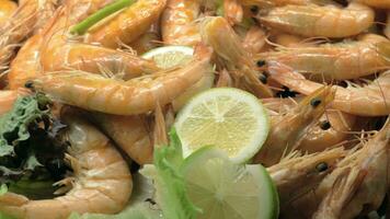 une fermer de cuit crevettes décoré avec citron et salade video