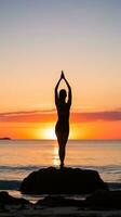 Young woman practicing yoga on a beach at sunrise with a clear sky for ample copy space AI Generative photo