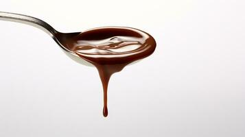 Luscious Chocolate Sauce Dripping from Silver Spoon Against Stark White Background AI Generative photo