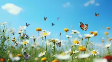 Group of butterflies fluttering over a meadow of wildflowers under a cloudless blue sky AI Generative photo