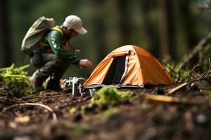 Comedy in Wilderness - Hiker's Amusing Attempt at Toy Tent Pitching AI Generative photo